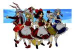  5girls alternate_color alternate_costume animal_ears apron ascot black_hair blonde_hair blue_skirt blue_vest bow braid broom coat collared_shirt expressionless finger_gun full_body gohei grey_apron grey_bow grey_hair grey_shirt hair_bow hakurei_reimu hand_in_pocket hand_on_own_hip hand_up hat hat_bow holding holding_broom holding_gohei holding_knife holding_sword holding_weapon izayoi_sakuya kirisame_marisa knife konpaku_youmu leg_up long_hair long_skirt looking_at_viewer looking_to_the_side maid maid_headdress medium_hair medium_skirt multiple_girls necktie open_clothes open_coat outstretched_arm playable_command_(touhou) purple_hair rabbit_ears rabbit_youkai_group_(touhou) red_bow red_coat red_hat red_necktie red_skirt red_vest reisen_udongein_inaba shirt shoes short_sleeves single_braid skirt sky socks standing sword touhou twin_braids uewtsol vest waist_apron weapon white_background witch_hat yellow_ascot yellow_skirt yellow_vest 