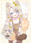  1girl :3 :d absurdres animal_ears bag blue_eyes blush braid brown_jacket brown_overalls character_request chibi closed_mouth commentary_request commission copyright_request cowboy_shot english_commentary grey_hair grid_background hair_between_eyes hand_up heart highres jacket jewelry long_hair long_sleeves looking_at_viewer mixed-language_commentary multiple_views necklace open_clothes open_jacket open_mouth overalls parted_bangs pixelated ribbed_sweater shirt skeb_commission smile sparkle sweater turtleneck turtleneck_sweater twin_braids wataco_coco watermark white_shirt 