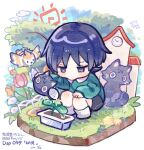  1boy aged_down animal_print animalization bee bird black_shorts blue_sky blunt_ends blush boots bright_pupils bug building butterfly cat_print child choppy_bangs clock cloud cloudy_sky collared_shirt commentary_request diorama eyeliner finch flower genshin_impact grass green_shirt green_sleeves gurumin_(gurruguru) hand_on_own_knee holding holding_watering_can kindergarten_uniform looking_at_object makeup male_focus official_alternate_costume orange_butterfly person_and_animalization pink_flower plant potted_plant purple_eyes purple_hair red_eyeliner rounded_collar scaramouche_(cat)_(genshin_impact) scaramouche_(genshin_impact) shirt shorts sky smock solo sprout squatting sun tree twitter_username watering watering_can watermark white_boots white_flower white_pupils 