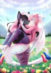  2018 5_fingers anthro canine clothed clothing day detailed_background digital_media_(artwork) dragon duo female flower grass hair horn mammal outside pink_hair plant rainbowscreen sky smile wolf 