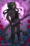  2018 anthro black_fur black_hair breasts cat clothed clothing detailed_background digital_media_(artwork) ear_piercing feline female fur grass hair holding_object holding_weapon kaitycuddle mammal melee_weapon piercing pink_nose smile solo sword weapon yellow_eyes 