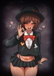  !karryn! 1girl absurdres animal_print bird black_skirt blush bow bowtie breasts brown_eyes brown_hair collared_shirt commentary_request dark-skinned_female dark_skin fellatio_gesture female_pubic_hair hat heart highres kindergarten_uniform korean_commentary korean_text leopard_print leopard_print_panties limbus_company limbus_kindergarten_uniform official_alternate_costume open_mouth outis_(project_moon) panties penguin pink_panties print_panties project_moon pubic_hair red_bow school_hat shirt skirt solo tongue tongue_out traditional_bowtie underwear white_shirt 
