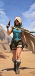  1girl absurdres arm_at_side bare_arms bare_legs belt blue_scarf blue_shirt boots breasts brown_boots brown_cloak brown_eyes brown_hair brown_shorts clip_studio_paint_(medium) cloak cloud commentary dalejomej day desert english_commentary floating_cape gun hand_up highres holding holding_gun holding_weapon holster hood hood_up hooded_cloak lace-up_boots lara_croft large_breasts looking_at_viewer midriff_peek outdoors painterly pink_lips red-tinted_eyewear sand scarf shirt short_shorts shorts shoulder_holster sky sleeveless sleeveless_shirt sphinx sunglasses thigh_holster tinted_eyewear tomb_raider walking weapon western_comics_(style) 