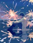  1boy aerial_fireworks arrow_(symbol) boots chaojufei character_request coat commentary_request fireworks from_side glasses green_hair highres hijinrui_gakuen reflection round_eyewear short_hair snake solo water 