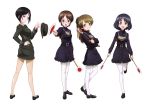  :d absurdres belt black_dress black_eyes black_footwear black_hair black_ribbon brown_eyes brown_hair brown_hat brown_jacket brown_skirt chain chouno_ami dress full_body girls_und_panzer glasses hair_ribbon hand_on_hip hat hat_removed headwear_removed highres holding inatomi_hibiki jacket loafers looking_at_viewer looking_back military military_uniform multiple_girls official_art open_mouth outstretched_arm pantyhose pencil_skirt ponytail ribbon sasagawa_kanon shiny shiny_hair shoes short_dress short_hair simple_background skirt smile standing standing_on_one_leg takashima_remi uniform white_legwear yoshida_nobuyoshi 