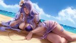  1girl alternate_costume armlet beach bikini blue_sky bracelet breast_rest breasts camilla_(fire_emblem_if) cleavage cloud drawing fire_emblem fire_emblem_heroes fire_emblem_if flower hair_flower hair_ornament hair_over_one_eye heart jewelry large_breasts long_hair looking_at_viewer lying nail_polish navel ocean olga_solovian on_side outdoors paid_reward parted_lips patreon_reward purple_bikini purple_eyes purple_hair purple_nails sand sarong sky summer swimsuit water wavy_hair wristband 