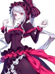  :d bangs blush bow breasts capelet dress eyebrows_visible_through_hair fang fingernails frilled_dress frills gothic_lolita hair_bow hands_up highres kimagure_blue lolita_fashion long_hair long_sleeves looking_at_viewer md5_mismatch medium_breasts open_mouth overlord_(maruyama) pale_skin ponytail purple_bow purple_capelet purple_dress red_eyes revision shalltear_bloodfallen sharp_fingernails silver_hair simple_background smile solo striped striped_bow swept_bangs very_long_hair white_background 