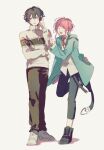  2boys :d ^_^ ahoge amemura_ramuda arm_behind_back belt black_belt black_hair black_pants black_shoes blue_jacket brown_jacket brown_pants buckle candy capri_pants closed_eyes collared_shirt commentary_request constricted_pupils cowlick crossover food full_body giving hair_between_eyes hand_on_own_opposite_hip hand_up heart heart-shaped_buckle height_difference highres holding holding_candy holding_food holding_lollipop hood hood_down hooded_jacket hypnosis_mic jacket legs_together lollipop long_sleeves looking_at_another looking_to_the_side male_focus mizuki_hajime multicolored_jacket multiple_boys neck_ribbon nervous_sweating open_clothes open_jacket open_mouth pale_skin pants parted_bangs parted_lips pink_hair raised_inner_eyebrows red_ribbon ribbon shadow shirt shoes short_hair side-by-side sidelocks sideways_glance small_sweatdrop smile sneakers standing standing_on_one_leg sweat tennis_no_ouji-sama turtleneck turtleneck_jacket twirling_hair two-tone_jacket wavy_hair white_background white_jacket white_shirt white_shoes zipper_pull_tab zon_(znzn) 