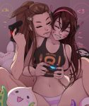  breasts brigitte_(overwatch) brown_hair character_doll chibi chibi_inset closed_eyes commentary controller cosplay costume_switch crop_top d.va_(overwatch) dualshock english_commentary forehead freckles game_console game_controller gamepad grin hair_ornament hairclip head_on_another's_shoulder headphones hug hug_from_behind light_brown_hair lips long_hair midriff mike_nesbitt multiple_girls navel no_pants overwatch pachimari panties playstation_4 ponytail reaper_(overwatch) sidelocks sitting small_breasts smile striped striped_panties stuffed_animal stuffed_bunny stuffed_toy tank_top underwear whisker_markings yuri 