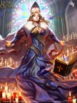  artist_name blonde_hair blue_eyes book breasts candle cape cleavage copyright_name cross curly_hair fur_trim gloves hat highres jewelry legend_of_the_cryptids liang_xing long_hair necklace official_art solo watermark web_address window 