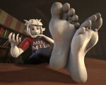 3d_(artwork) anthro barefoot bookshelf bottomwear bovid caprine close-up clothing colored_nails colored_toenails container crossed_ankles crossed_feet crossed_legs cup demon digital_media_(artwork) drinking_glass feet feet_on_desk feet_up female foot_fetish foot_focus foot_on_table fur furniture glaskanosvki glass glass_container glass_cup goat goat_lucifer_(helltaker) hand_under_chin helltaker hi_res horizontal_pupils horn humanoid humanoid_feet looking_at_viewer mammal mole_under_eye nails office pants plantigrade pupils red_eyes red_nails red_toenails shirt smile smirk smug soles solo source_filmmaker_(artwork) sweatpants table toenails toes topwear white_body white_fur wine_glass
