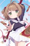  1girl antenna_hair arm_up black_shirt blurry blurry_foreground blush brown_hair card cardcaptor_sakura commentary cowboy_shot fuuin_no_tsue green_eyes hair_bobbles hair_intakes hair_ornament highres kinomoto_sakura long_sleeves looking_at_viewer miniskirt neckerchief nori_tama00 open_mouth outstretched_arm pleated_skirt sailor_collar school_uniform shirt short_hair skirt solo tomoeda_elementary_school_uniform two_side_up untranslatable_commentary white_neckerchief white_sailor_collar white_skirt 