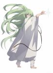  1other androgynous arm_up barefoot covered_mouth english_commentary enkidu_(fate) fate/grand_order fate/strange_fake fate_(series) floating_hair from_side full_body green_eyes green_hair hair_between_eyes highres long_hair long_sleeves looking_at_viewer magic other_focus pants robe rope sidelocks simple_background solo standing star_(symbol) thorn_(kmconceptart) very_long_hair white_background white_pants white_robe wide_sleeves 