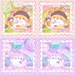  :3 ahoge animal animal_focus bai_gui_hua_zi beanie bird blue_flower chibi chibi_only commission dog flower hat holding holding_umbrella hydrangea lying mihuashi_commission no_humans on_back original penguin pink_flower postage_stamp postage_stamp_(medium) purple_flower rain sign too_many_watermarks umbrella walking water watermark yume_kawaii 