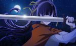  bangs black_hair blunt_bangs full_moon hair_ribbon k-ta long_hair looking_at_viewer moon narberal_gamma night overlord_(maruyama) ponytail purple_eyes ribbon sky solo star_(sky) starry_sky sword weapon yellow_ribbon 