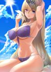  amasora_taichi bare_shoulders bikini blonde_hair blue_eyes blue_sky breasts cleavage cloud collarbone day diadem eyebrows_visible_through_hair flower front-tie_bikini front-tie_top granblue_fantasy hair_flower hair_intakes hair_ornament hairband highres jeanne_d'arc_(granblue_fantasy) large_breasts lily_(flower) lips navel pink_lips purple_bikini sitting sky solo stomach sun sunlight swimsuit white_flower 