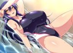  :d ass_visible_through_thighs bare_shoulders beach blush breasts covered_nipples huge_breasts long_hair looking_at_viewer lying megane_man on_back one-piece_swimsuit open_mouth original purple_hair smile solo swimsuit teeth yellow_eyes 