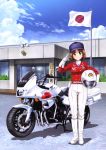  absurdres belt blue_hat blue_sky blush brown_eyes brown_hair day full_body girls_und_panzer ground_vehicle hat head_tilt helmet highres holding holding_helmet jacket japanese_flag motor_vehicle motorcycle nishizumi_miho official_art outdoors pants police police_uniform print_hat red_jacket salute shirt short_hair sky smile solo standing uniform white_pants white_shirt yoshida_nobuyoshi 