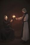  2boys badeni black_hair black_shoes black_tabard blonde_hair candle candlelight chi.:_chikyuu_no_undou_ni_tsuite clerical_collar closed_mouth eyepatch facial_hair fire grabowski highres holding holding_candle looking_at_another male_focus mede_teru multiple_boys mustache scar scar_on_face shoes sitting standing tabard tonsure 
