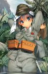  absurdres belt black_eyes black_hair blush commentary eyebrows_visible_through_hair hat head_scarf highres imperial_japanese_army jungle military military_hat military_uniform nature original outdoors partially_submerged pouch samazuka_mashiro shoes_removed short_hair solo uniform 