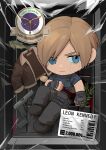  1boy barcode bass_(fish) black_gloves bleeding blonde_hair blood blood_on_clothes blood_on_hands blue_eyes blue_shirt bullet chest_holster chibi chibi_only commentary_request cracked_skin fingerless_gloves full_body gloves gun hand_on_own_stomach handgun herb highres holster knee_up leon_s._kennedy light_frown magazine_(weapon) plant plastic_wrap resident_evil resident_evil_4 sacophy_zzzzz shirt short_hair tears thigh_holster weapon 