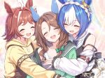  3girls absurdres ahoge animal_ears bare_shoulders black_vest blue_hair blush bow braid breasts brown_hair cesario_(umamusume) closed_eyes commentary_request crown_braid detached_sleeves ear_covers green_bow green_jacket hair_between_eyes hair_bow hair_ornament highres hood hood_down hoodie horse_ears horse_girl jacket king_halo_(umamusume) long_hair multicolored_hair multiple_girls neko_senshi open_clothes open_jacket open_mouth rhein_kraft_(umamusume) school_uniform shirt short_hair smile tank_top teeth tracen_school_uniform umamusume upper_teeth_only vest white_hair white_shirt white_tank_top yellow_hoodie 