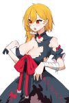  1girl absurdres bandaged_arm bandages black_dress blonde_hair breasts cleavage commentary_request cosplay dress highres hololive hololive_indonesia kaela_kovalskia kureiji_ollie kureiji_ollie_(1st_costume) kureiji_ollie_(cosplay) large_breasts light_blush medium_hair open_mouth red_eyes simple_background solo torn_clothes torn_dress virtual_youtuber white_background yusuriru202 