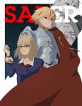  1boy 1girl ahoge armor black-framed_eyewear black_background blonde_hair blue_cardigan blue_eyes border braid breastplate cape cardigan closed_mouth collarbone collared_shirt command_spell commentary cowboy_shot english_commentary english_text fate/strange_fake fate_(series) faulds floating_hair full_armor gauntlets glasses grey_armor hair_between_eyes hands_up highres holding_own_wrist long_hair long_sleeves looking_to_the_side low-braided_long_hair low-tied_long_hair multicolored_hair neck_ribbon outside_border pauldrons puffy_long_sleeves puffy_sleeves red_cape red_eyes red_hair red_ribbon ribbon richard_i_(fate) round_eyewear sajou_ayaka_(fate/strange_fake) school_uniform shirt short_hair shoulder_armor side_braid single_braid smile standing streaked_hair teeth thorn_(kmconceptart) two-tone_background white_background white_border white_shirt zoom_layer 
