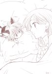  1girl animal_ears cat_ears cat_tail chibi earrings elizabeth_liones greyscale harumiya jewelry long_hair looking_at_another lying meliodas monochrome nanatsu_no_taizai on_side pillow tail 