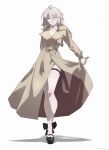  1girl ahoge belt black_shoes brown_jacket buttons coat_lift collarbone eyelashes fate/grand_order fate_(series) full_body grey_hair hair_between_eyes hand_up highres jacket jeanne_d'arc_alter_(fate) lapels lifting_own_clothes long_sleeves looking_at_viewer pale_skin pocket puffy_long_sleeves puffy_sleeves shadow shoes short_hair simple_background smile solo standing teeth thigh_strap thighs thorn_(kmconceptart) two-sided_fabric two-sided_jacket white_background yellow_belt yellow_eyes yellow_jacket 