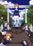  :d absurdres akiyama_yukari arm_up bangs black_footwear black_hair blue_jacket blue_legwear blue_sky blunt_bangs boots brown_eyes brown_hair cloud collarbone day eyebrows_visible_through_hair girls_und_panzer ground_vehicle hair_between_eyes hairband hand_in_hair highres isuzu_hana jacket long_hair looking_at_viewer military military_vehicle miniskirt motor_vehicle multiple_girls nishizumi_miho ocean official_art ooarai_military_uniform open_mouth outdoors panzerkampfwagen_iv pleated_skirt reizei_mako shiny shiny_hair short_hair skirt sky smile standing takebe_saori tank torii v waving white_hairband white_skirt yoshida_nobuyoshi 