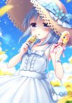  bag blue_bow blue_hair blurry bow chunithm cloud collarbone day depth_of_field dress dual_wielding eyebrows_visible_through_hair flower food fruit grapes handbag hat holding holding_food kiwi_slice kobotoke_nagi outdoors petals pink_bow popsicle purple_eyes sanotsuki sky solo sparkle straw_hat strawberry sundress sunflower tongue tongue_out watch white_dress wristwatch 