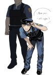 2boys adjusting_clothes adjusting_headwear belt black_vest blonde_hair blue_eyes blue_shirt clenched_hand collared_shirt commentary_request english_text full_body grin hand_on_own_leg hat highres jack_krauser leaning_forward leon_s._kennedy looking_at_viewer male_focus matching_outfits multiple_boys police police_badge police_hat police_uniform resident_evil resident_evil_2 resident_evil_4 sacophy_zzzzz scar scar_on_face scar_on_mouth shirt short_hair smile vest walkie-talkie 