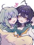  2girls ;d ahoge araga_kiwi black_hair blunt_bangs blush brown_eyes cardigan chinese_commentary collarbone commentary_request fang green_hair green_sailor_collar hair_intakes heart heart_ahoge highres hiiragi_utena hug long_sleeves looking_at_another mahou_shoujo_ni_akogarete medium_hair multiple_girls neckerchief one_eye_closed open_mouth red_eyes sailor_collar school_uniform shirt smile sparkle sweatdrop upper_body white_shirt xinpingqihe21811 yellow_cardigan yellow_neckerchief yuri 