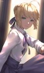  ahoge artist_name artoria_pendragon_(all) blonde_hair blue_ribbon blue_skirt fate/stay_night fate_(series) from_side hair_ribbon highres long_skirt looking_at_viewer neck_ribbon neekochanii ribbon saber shirt short_hair sidelocks sitting skirt smile solo white_shirt 