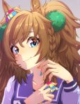  1girl absurdres animal_ears blast_onepiece_(umamusume) blue_eyes blush bow bowtie braid breasts brown_hair closed_mouth collarbone hair_between_eyes hair_ornament hair_tie highres holding holding_hair_tie horse_ears horse_girl long_hair long_sleeves multicolored_nails purple_sailor_collar purple_shirt sailor_collar sailor_shirt school_uniform shirt simple_background smile solo summer_uniform thin_(suzuneya) tracen_school_uniform twintails tying_hair umamusume upper_body white_bow white_bowtie 