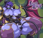  1girl ahoge areolae armor astaroth_(shinrabanshou) bare_shoulders black_sclera blue_hair blue_skin breasts censored covered_navel covering covering_crotch curvy demon_girl earrings female great_magami highres horns huge_breasts jewelry legs leotard long_hair looking_at_viewer moaning nipples no_bra open_mouth pointy_ears pussy shinrabanshou shiny shiny_skin solo spread_legs succubus sweat tail thighhighs thighs wings yellow_eyes 