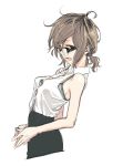  black_bra bra brown_eyes brown_hair commentary_request dagashi_kashi from_side glasses hands_together high-waist_skirt highres kotoyama looking_at_viewer low_ponytail open_mouth owari_hajime shirt sketch skirt sleeveless sleeveless_shirt smile solo underwear upper_body white_background 