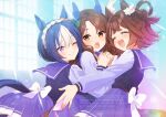  3girls :d ^_^ animal_ears artist_name blue_hair blush bow braid brown_eyes brown_hair cesario_(umamusume) closed_eyes closed_mouth commentary_request ear_covers girl_sandwich group_hug hair_bun hair_rings horse_ears horse_girl horse_tail hug king_halo_(umamusume) koruri long_sleeves medium_hair multicolored_hair multiple_girls pleated_skirt puffy_long_sleeves puffy_sleeves purple_eyes purple_shirt purple_skirt rhein_kraft_(umamusume) sandwiched school_uniform shirt short_hair sideways single_side_bun skirt smile sunlight tail team_ascella tracen_school_uniform twitter_username two-tone_hair umamusume watermark white_bow white_hair 