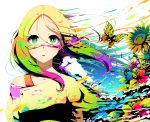  berryverrine blue_hair bug butterfly colorful commentary_request flower green_eyes highres insect matsurika_(pokemon) multicolored_hair paint_on_clothes paint_on_face paint_splatter pokemon pokemon_(game) pokemon_sm solo upper_body wind 