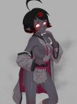  1girl :3 :d absurdres ahoge bandaged_arm bandaged_leg bandages bare_shoulders bell belt black_hair black_skin black_trim blush breasts cleavage_cutout clothing_cutout colored_skin commentary dress dress_bell english_commentary eyelashes from_side glowing glowing_eyes grey_background grey_dress grey_robe groin highres japanese_clothes jingle_bell leg_up light_particles long_hair long_sleeves looking_at_viewer looking_to_the_side low_ponytail medium_breasts no_bra no_panties obi off-shoulder_shirt off_shoulder open_mouth original pelvic_curtain pink_belt pink_robe pink_sash pleated_dress pointy_ears ponytail raised_eyebrows red_eyes red_light revealing_clothes robe rope sash shimenawa shiny_skin shirt short_dress shoulder_blush side_cutout sideboob smile solo standing standing_on_one_leg suweeka swept_bangs tassel teeth third_eye two-sided_fabric underlighting upper_teeth_only vermell_(suweeka) 