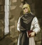  1boy arm_behind_back badeni black_tabard blonde_hair book chi.:_chikyuu_no_undou_ni_tsuite eyepatch highres holding holding_book indoors lips male_focus mede_teru medium_hair nose scar scar_on_face scar_on_lip scar_on_mouth scar_on_nose solo standing tabard tonsure 
