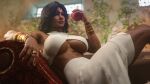  1girl 3d abs aelf3d amazon_warrior ancient_greek_clothes armpits artist_logo black_hair bracer breasts criss-cross_halter dark-skinned_female dark_skin dc_comics diana_prince food fruit gold_bracer gold_tiara greco-roman_clothes halterneck highres holding holding_food holding_fruit injustice:_gods_among_us jewelry justice_league large_breasts logo long_hair multiple_rings muscular muscular_female ring sitting solo tiara toned toned_female underboob wonder_woman wonder_woman_(series) 