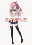  1girl antenna_hair black_thighhighs blazer bow bowtie brown_jacket brown_shoes chaos;child chaos;head collared_shirt commentary_request dress_shirt full_body hair_over_breasts hair_ribbon head_tilt jacket long_hair looking_at_viewer miniskirt official_art petticoat pink_eyes pink_hair pink_ribbon plaid_bow plaid_bowtie plaid_clothes plaid_skirt pleated_skirt ribbon sakihata_rimi sample_watermark sasaki_mutsumi school_uniform science_adventure shirt shoes simple_background skirt smile solo suimei_academy_school_uniform thighhighs watermark white_background white_shirt zettai_ryouiki 