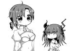  absurdres ahoge asymmetrical_horns bangs bare_shoulders boudica_(fate/grand_order) breast_envy breasts chibi cleavage closed_mouth commentary_request curled_horns dragon_horns elizabeth_bathory_(fate) elizabeth_bathory_(fate)_(all) eyebrows_visible_through_hair fate/extra fate/extra_ccc fate/grand_order fate_(series) greyscale hair_between_eyes highres horns jako_(jakoo21) juliet_sleeves long_hair long_sleeves low_ponytail medium_breasts monochrome multiple_girls navel off_shoulder ponytail puffy_sleeves shirt short_hair short_ponytail shrug_(clothing) simple_background very_long_hair white_background 