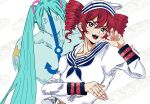  2girls aqua_hair baguette blue_sailor_collar blush bread commentary cosplay dixie_cup_hat drill_hair english_commentary food hair_between_eyes hat hatsune_miku higashikata_josuke_(jojolion) higashikata_josuke_(jojolion)_(cosplay) highres iamk1k11 jojo_no_kimyou_na_bouken jojolion kasane_teto long_hair military_hat multiple_girls open_mouth red_eyes red_hair sailor_collar sailor_shirt shirt soft_&amp;_wet stand_(jojo) twin_drills twintails utau very_long_hair vocaloid white_background white_shirt 