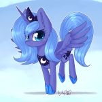  2018 blue_background blue_eyes blue_feathers blue_hair crown cute cutie_mark dsp2003 equine eyelashes eyeshadow feathered_wings feathers female feral friendship_is_magic hair hi_res hooves horn inner_ear_fluff looking_at_viewer makeup mammal mascara my_little_pony nude portrait princess_luna_(mlp) royalty shadow signature simple_background smile solo spread_wings winged_unicorn wings 