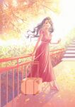  1girl absurdres against_railing autumn_leaves barefoot breasts cleavage closed_mouth commentary day dress full_body grey_hair hair_ornament hand_up highres holding leaf liang_jiou long_hair looking_at_viewer medium_breasts original outdoors purple_eyes railing red_dress rolling_suitcase short_sleeves smile solo standing suitcase 