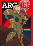  1boy armor armored_boots black_background blonde_hair boots border breastplate cape character_name commentary crossed_arms earrings english_commentary english_text fate/strange_fake fate_(series) faulds feet_out_of_frame floating_cape full_body gauntlets gilgamesh_(fate) gold_armor gold_earrings highres jewelry looking_down male_focus outside_border pauldrons red_border red_cape red_eyes short_hair shoulder_armor smile solo spiked_hair standing teeth text_background thorn_(kmconceptart) v-shaped_eyebrows waist_cape zoom_layer 