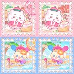  1girl 1other animal_ears bai_gui_hua_zi beach character_name chibi chibi_only chibikemo chiikawa chiikawa_(character) chinese_clothes colorful commission crown flower flower_necklace food furry furry_female hair_flower hair_ornament lei mihuashi_commission orange_flower palm_tree postage_stamp postage_stamp_(medium) rabbit_ears rabbit_girl sand sand_castle sand_sculpture sanrio sitting too_many_watermarks tree usahana water watermark 